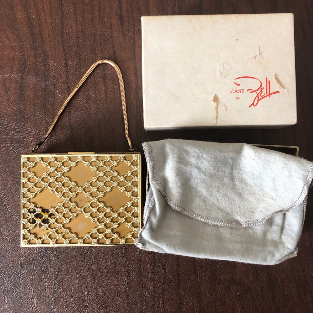 Vintage gold “case By Zell” Fifth Ave Compact, Purse, And Cigarette Holder 1950s